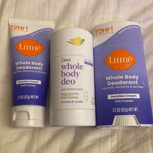 3Pack whole body deodorant,2.2oz/2.6&2.2oz lume& whole body Dio by dove powder